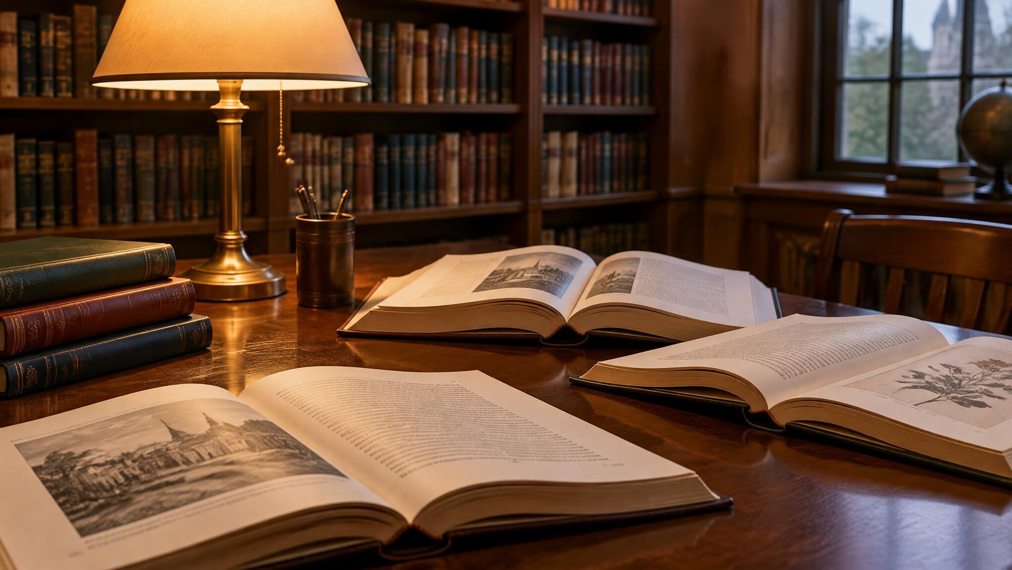 Open books on a library table