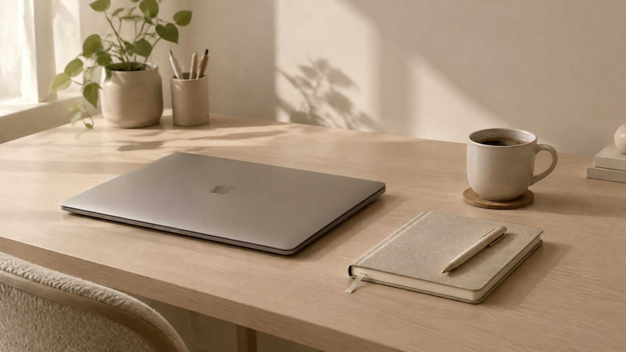 Laptop and notebook on a calm desk