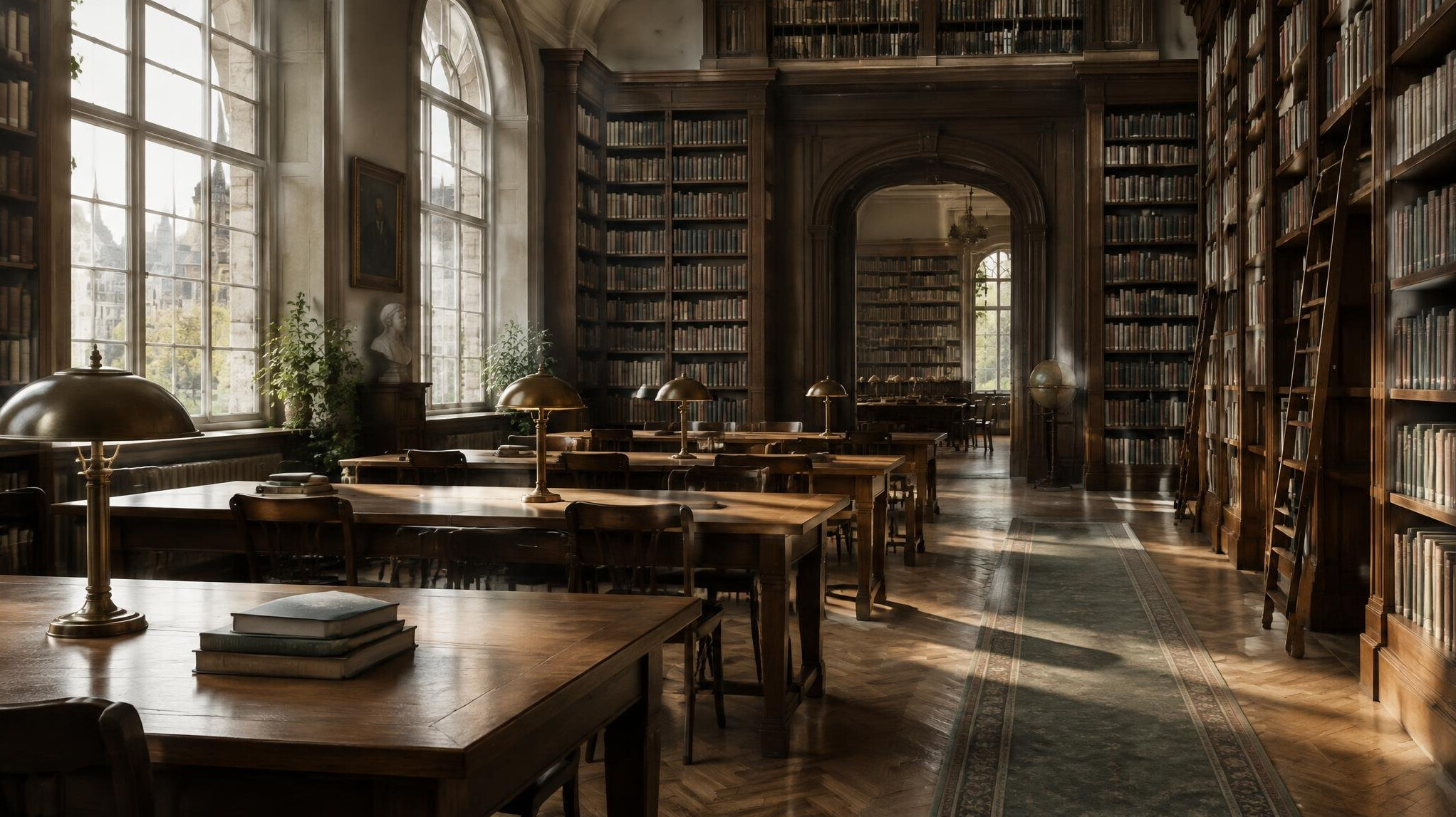 Quiet library with tall wooden bookshelves and warm light