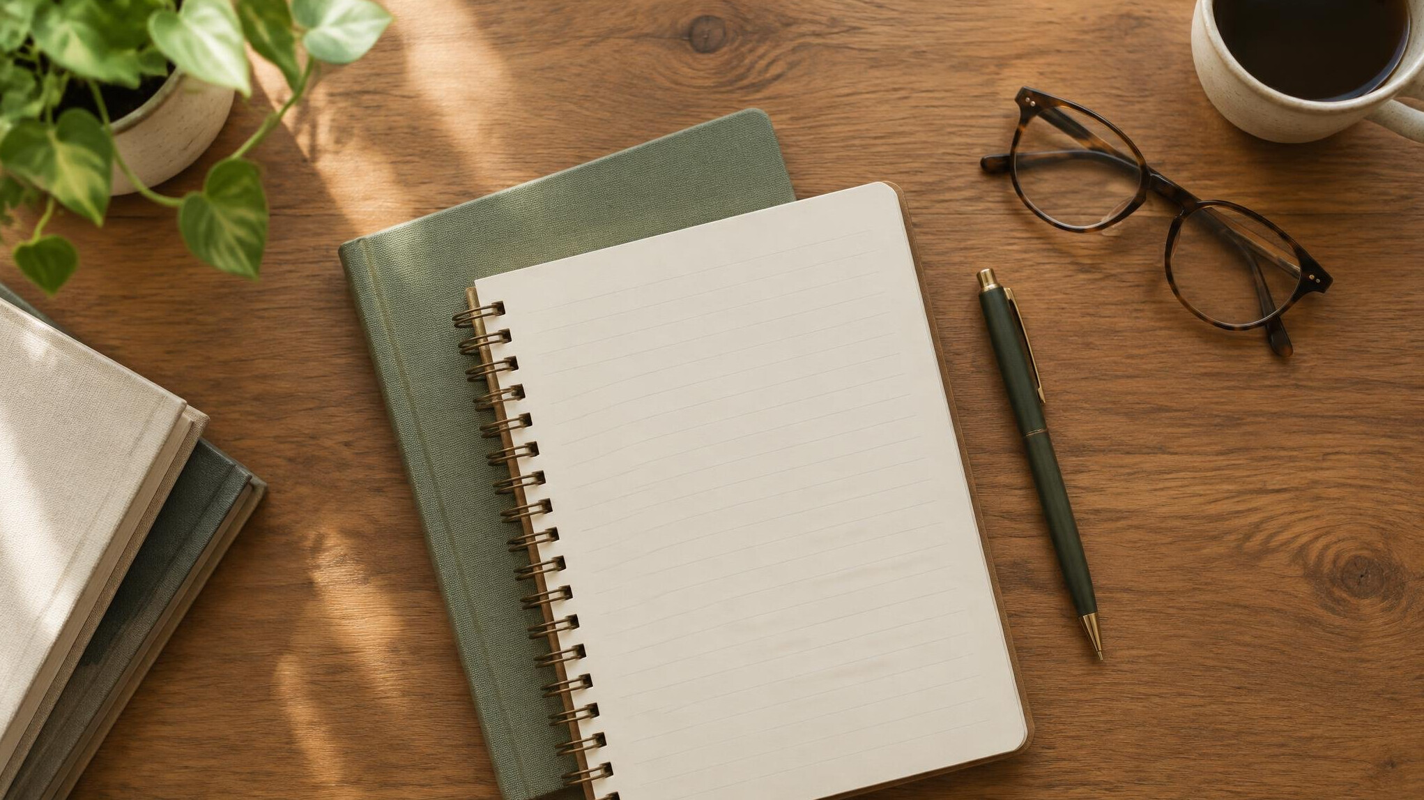 Notebooks and pens on a wooden desk