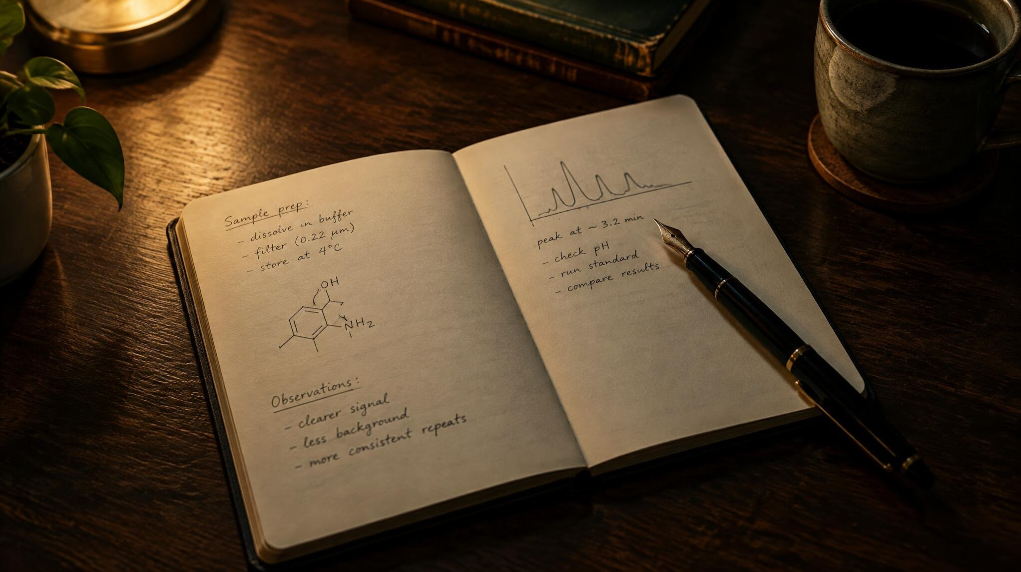 Open notebook with handwritten notes and a pen